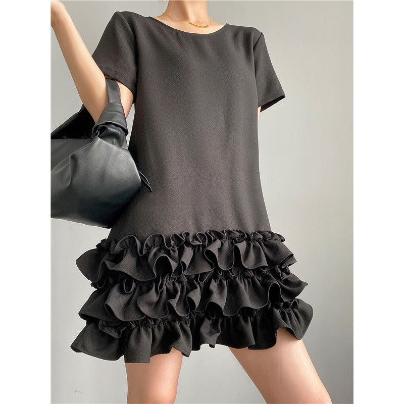 Hepburn style small black dress ruffle edge skirt