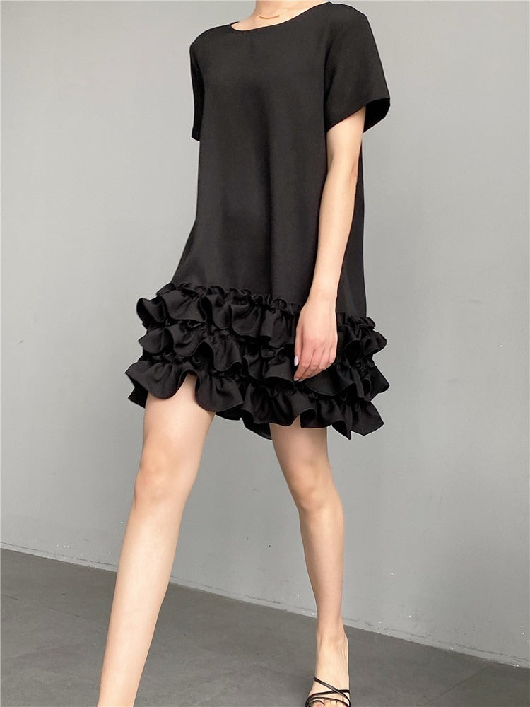 Hepburn style small black dress ruffle edge skirt