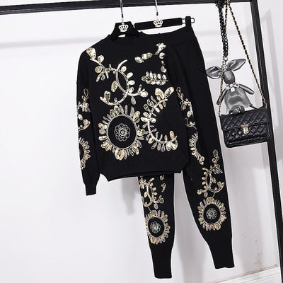 Autumn Women Embroidery Sweater Set