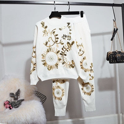 Autumn Women Embroidery Sweater Set