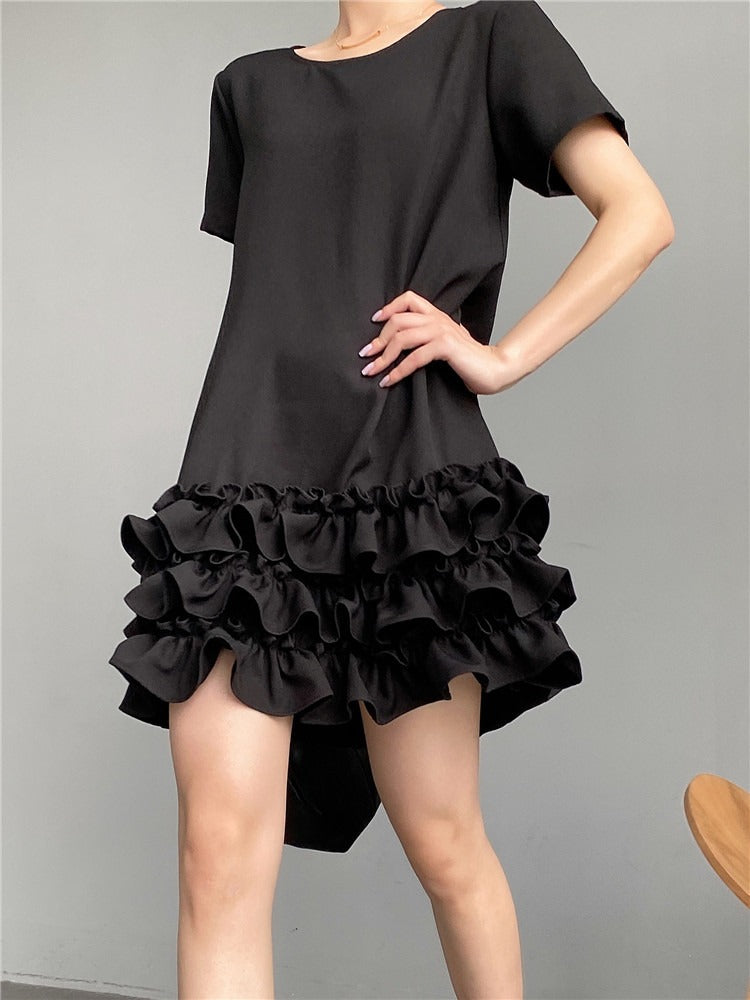 Hepburn style small black dress ruffle edge skirt